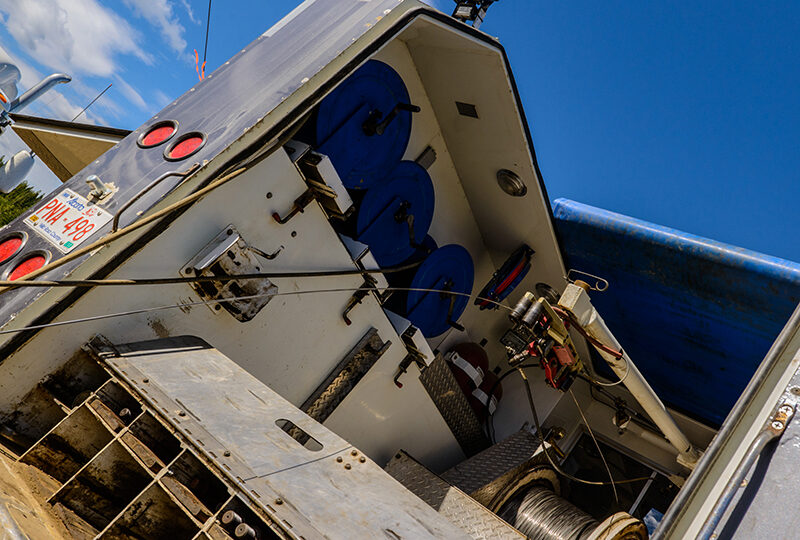 Rear view of a Bullet Wireline braided line unit and its reels